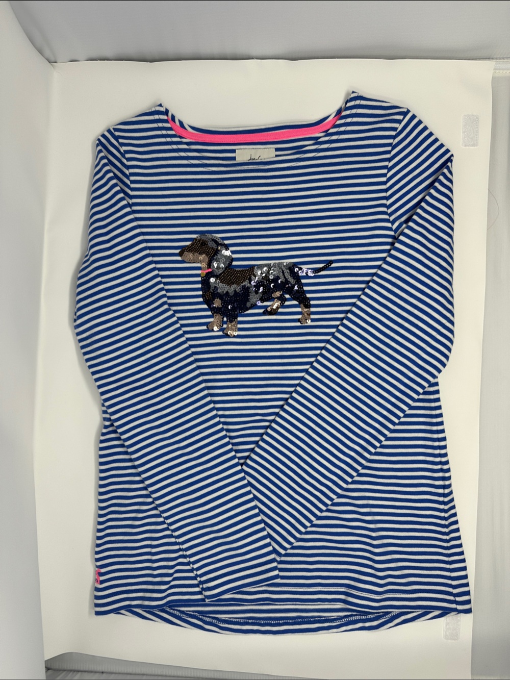 Joules Blue and White Striped Long Sleeve Top with Sequin Dachshund
